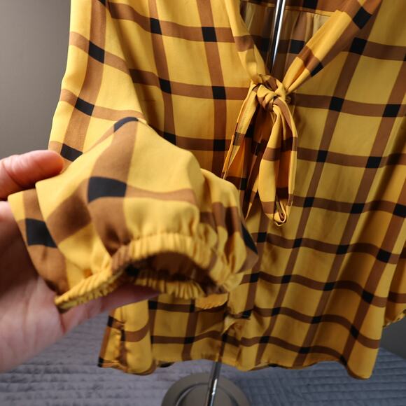 7th Ave New York & Company Blouse Yellow & Brown Plaid Tie-V-Neck 3/4 Sleeve M - Picture 6 of 10